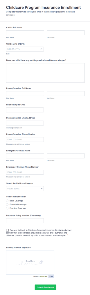 Childcare Program Insurance Enrollment Form Template