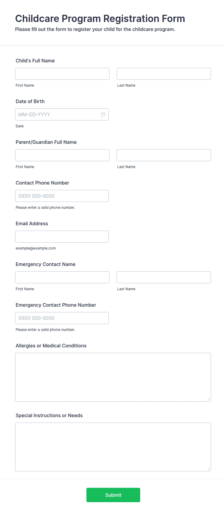 Child Development Center Forms Childcare Program Registration Form Template | Jotform