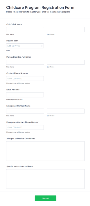 Childcare Program Registration Form Template
