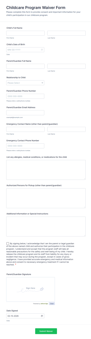 Childcare Program Waiver Form Template