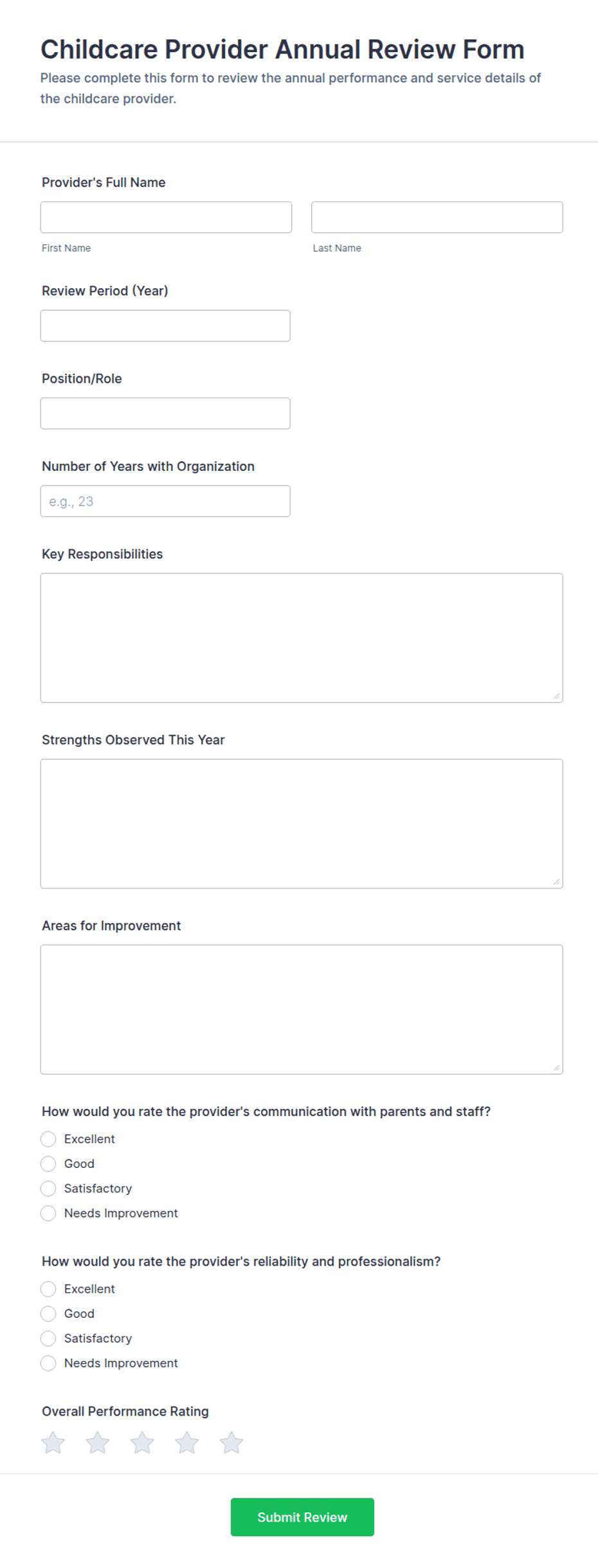 Childcare Provider Annual Review Form Template | Jotform