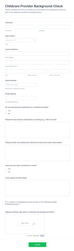 Childcare Provider Background Check Form Template