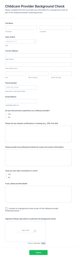 Childcare Provider Background Check Form Template