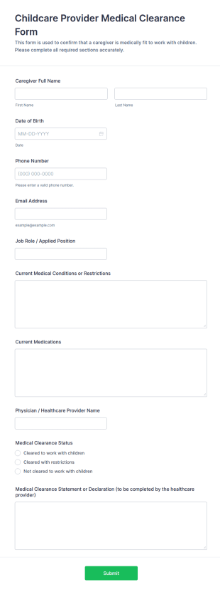 Childcare Provider Medical Clearance Form Template