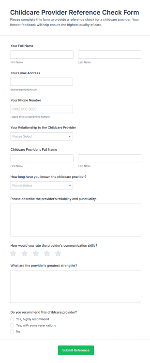 Childcare Provider Reference Check Form Template