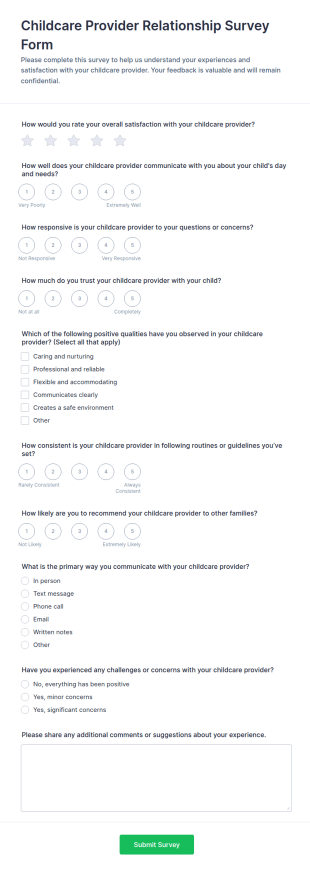 Childcare Provider Relationship Survey Form Template