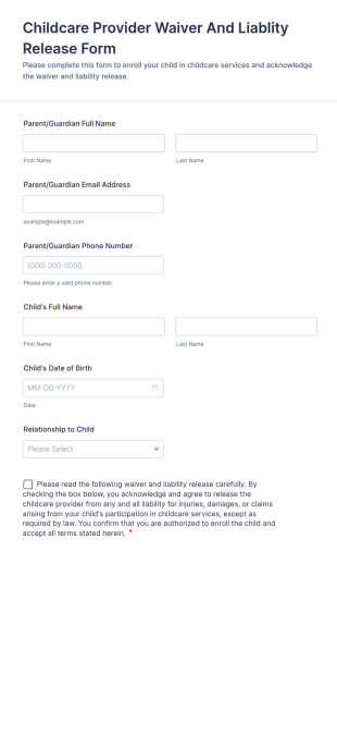 Childcare Provider Waiver And Liability Release Form Template