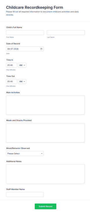 Childcare Recordkeeping Form Template