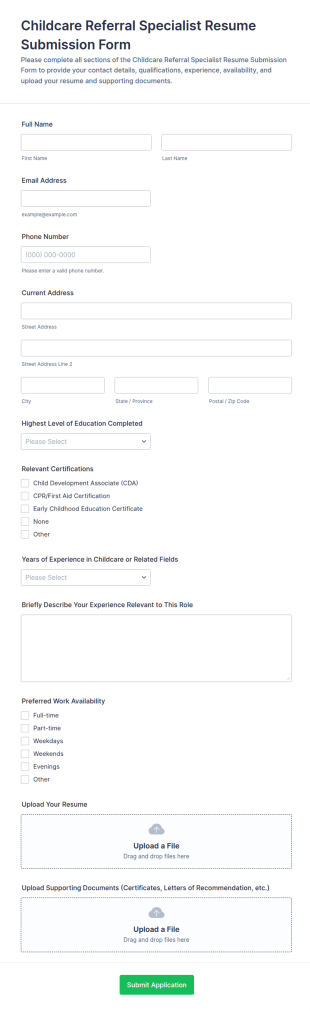 Childcare Referral Specialist Resume Submission Form Template