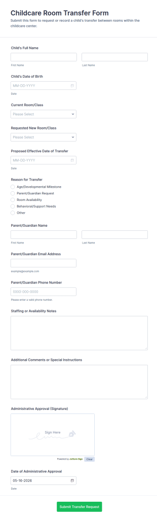 Childcare Room Transfer Form Template