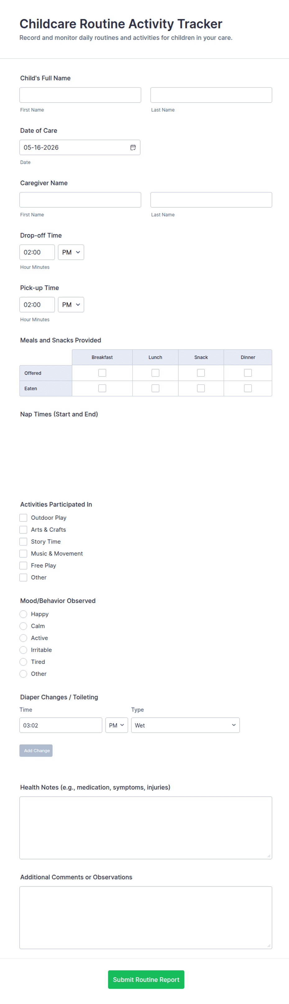 Childcare Routine Activity Tracker Form Template | Jotform