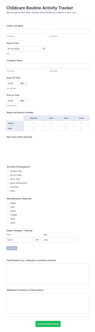 Childcare Routine Activity Tracker Form Template