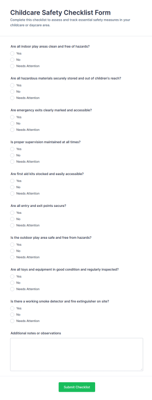Childcare Safety Checklist Form Template