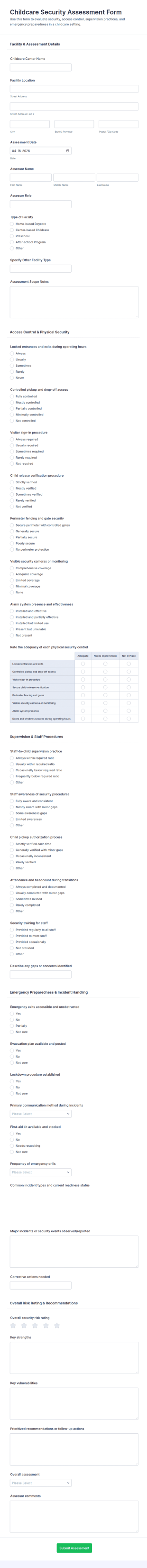 Childcare Security Assessment Form Template