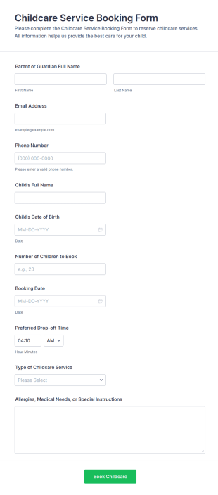 Childcare Service Booking Form Template