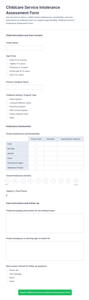 Childcare Service Intolerance Assessment Form Template
