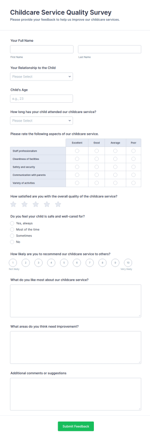 Childcare Service Quality Survey Form Template