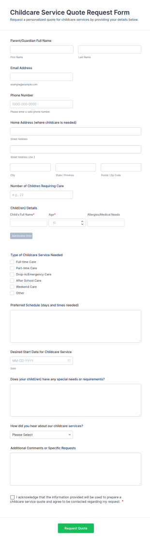 Childcare Service Quote Request Form Template