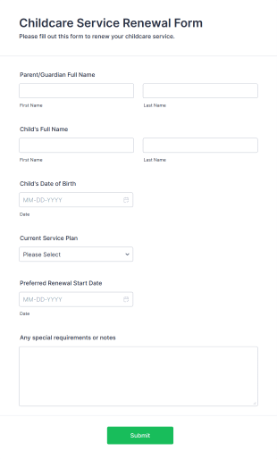 Childcare Service Renewal Form Form Template