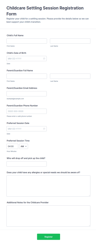 Childcare Settling Session Registration Form Template