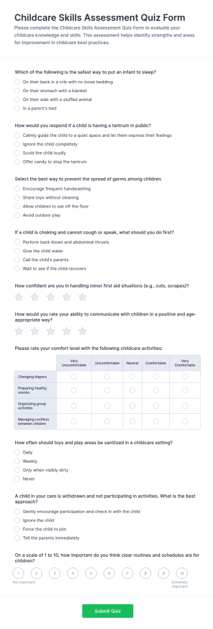 Childcare Skills Assessment Quiz Form Template