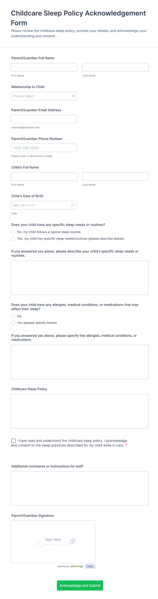 Childcare Sleep Policy Acknowledgement Form Template