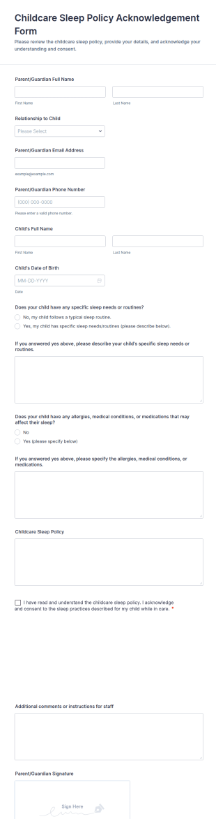 Childcare Sleep Policy Acknowledgement Form Template