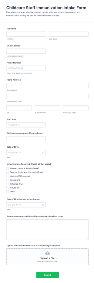 Childcare Staff Immunization Intake Form Template