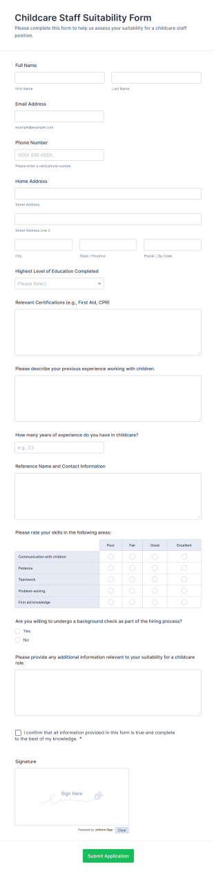 Childcare Staff Suitability Form Template