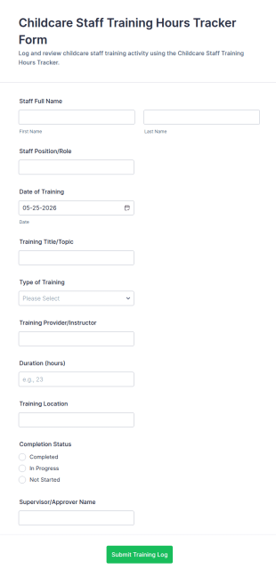 Childcare Staff Training Hours Tracker Form Template