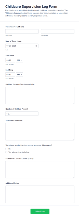 Childcare Supervision Log Form Template