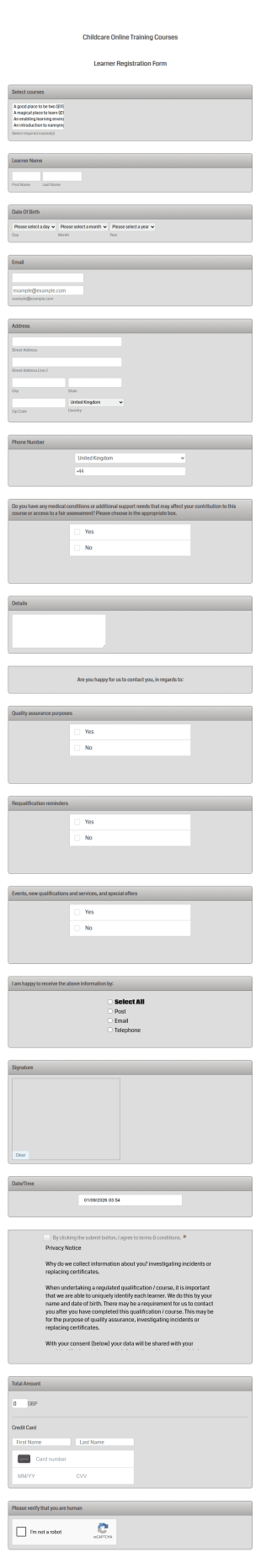 Childcare Training Course Registration Form Template