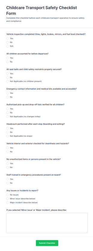 Childcare Transport Safety Checklist Form Template