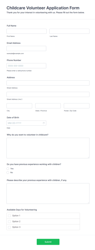Childcare Volunteer Application Form Form Template