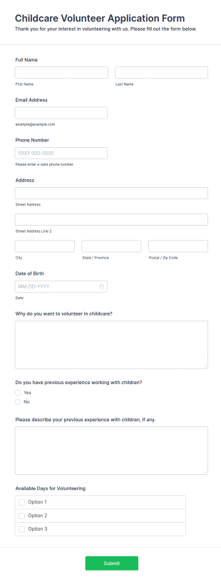 Childcare Volunteer Application Form Template
