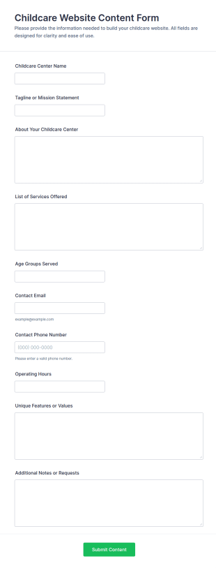 Childcare Website Content Form Template
