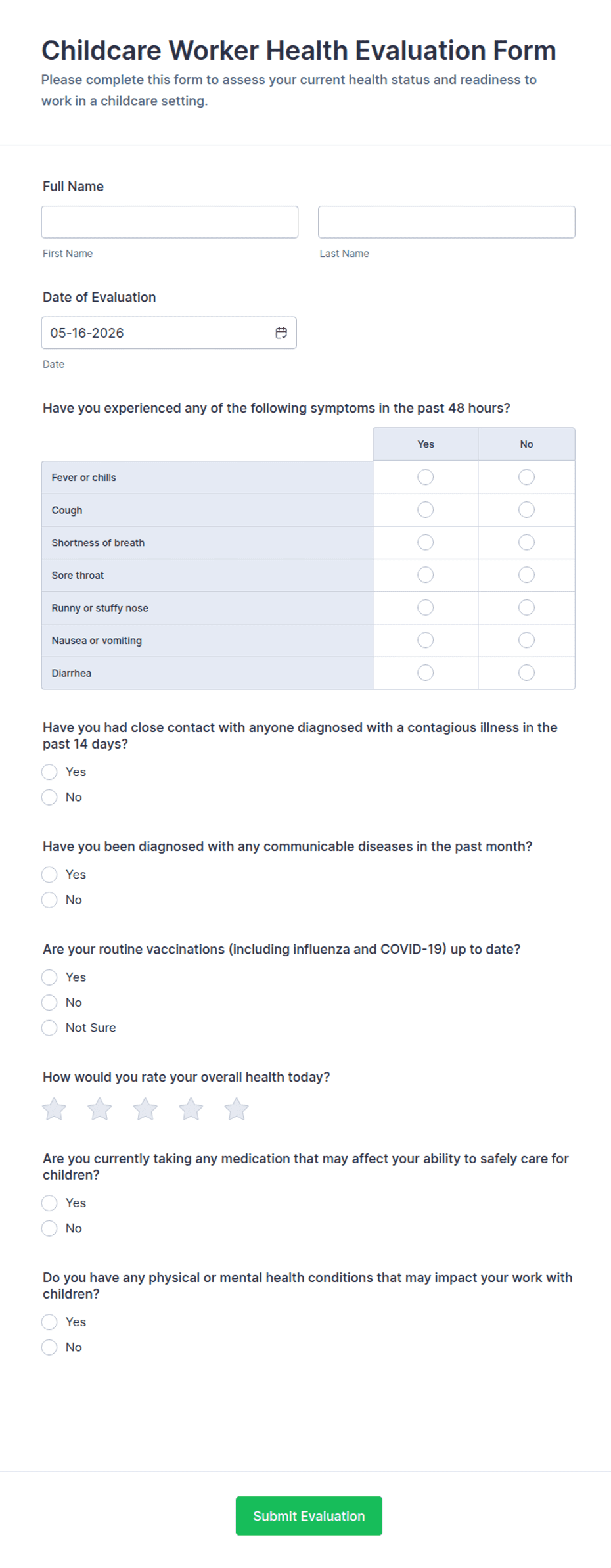 Childcare Worker Health Evaluation Form Template | Jotform