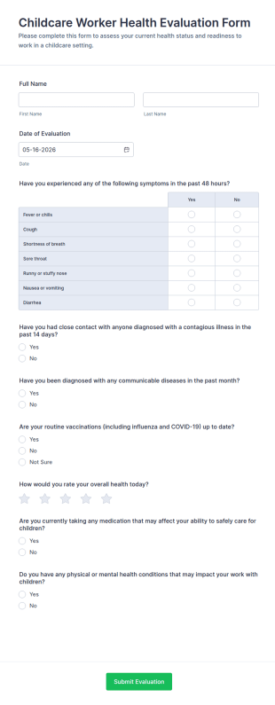 Childcare Worker Health Evaluation Form Template