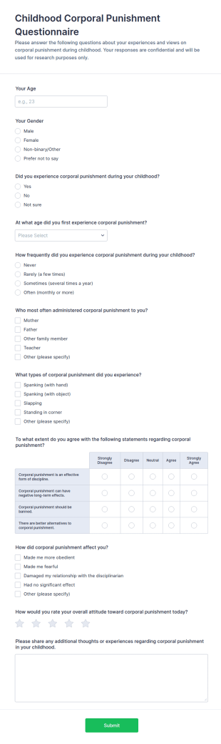Childhood Corporal Punishment Questionnaire Form Template