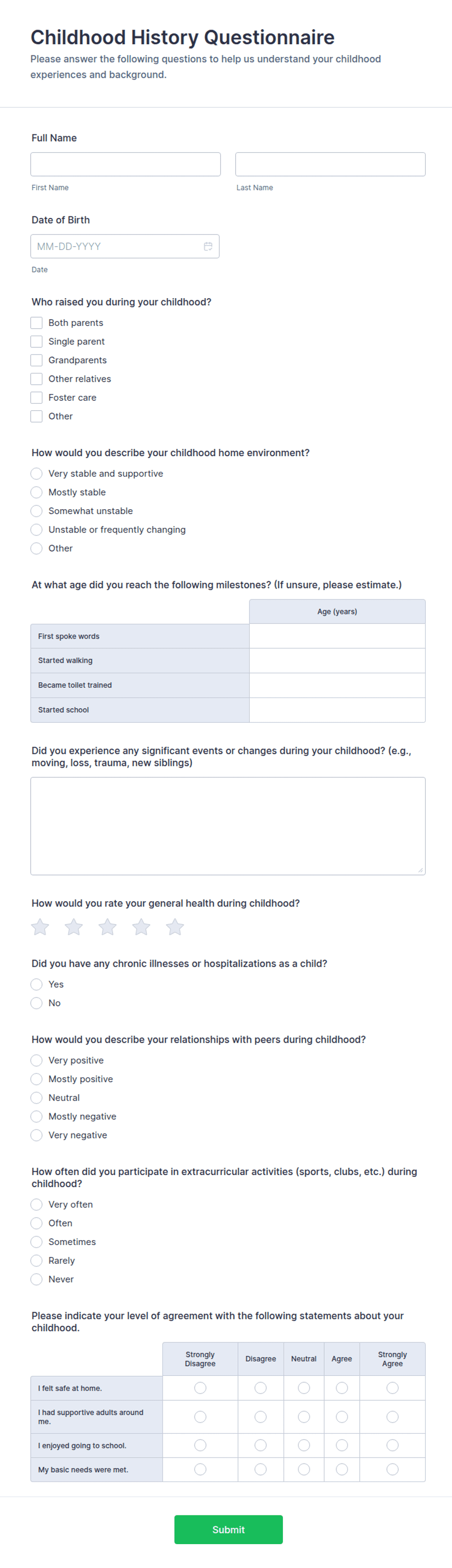 Childhood History Questionnaire Form Template | Jotform