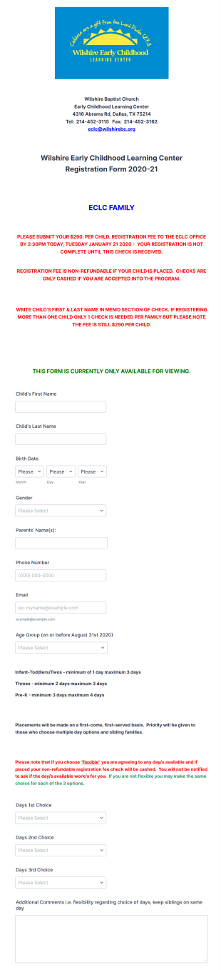 Childhood Learning Center Registration Form Template