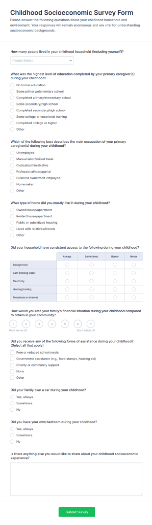 Childhood Socioeconomic Survey Form Template