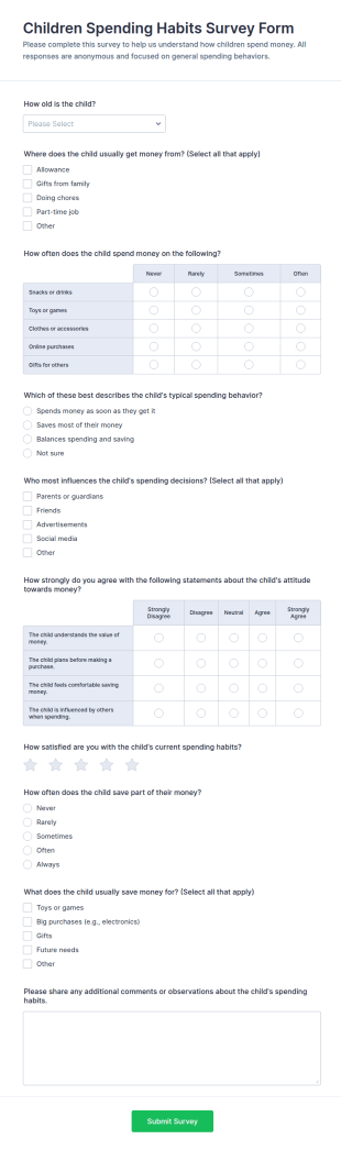 Children Spending Habits Survey Form Template