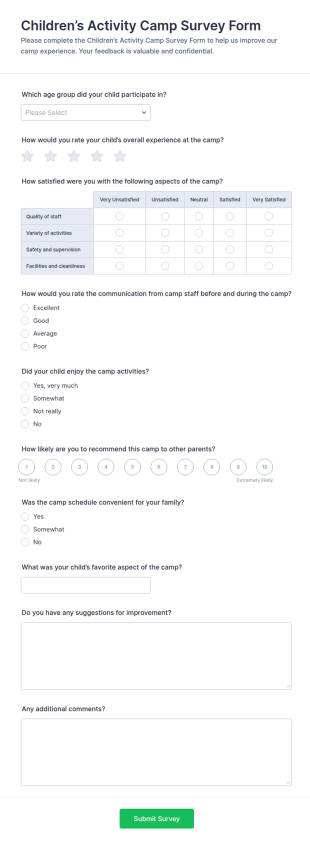 Children’s Activity Camp Survey Form Template