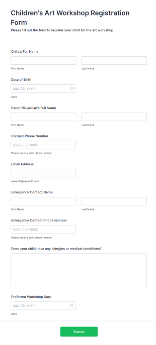 Children's Art Workshop Registration Form Template