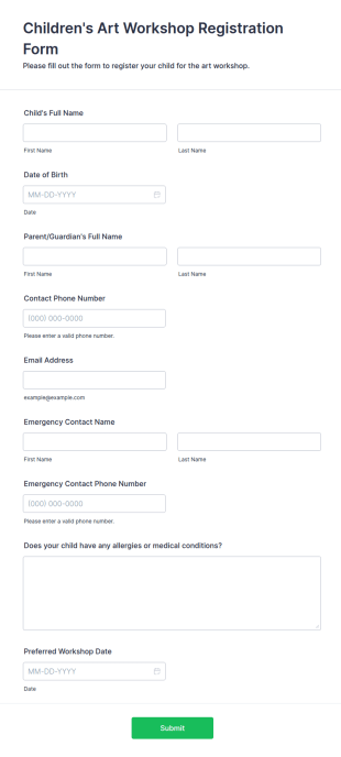 Children's Art Workshop Registration Form Template