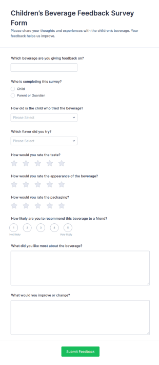 Children’s Beverage Feedback Survey Form Template