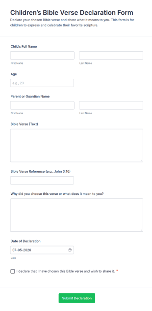 Children’s Bible Verse Declaration Form Template