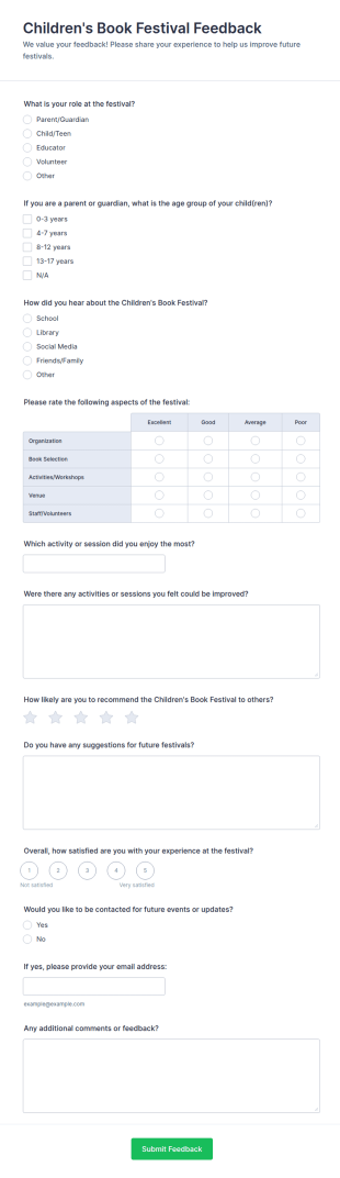 Children's Book Festival Feedback Form Template
