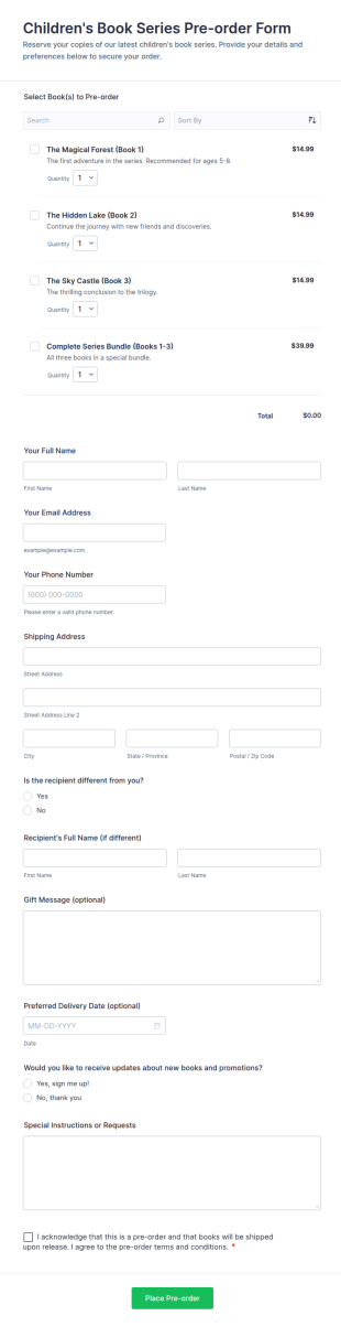 Children's Book Series Pre Order Form Template